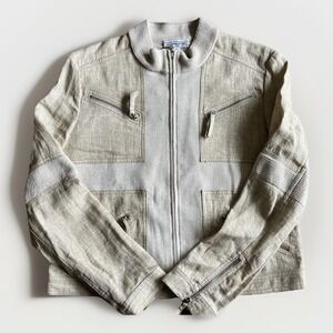 St John Sport Jacket Womens Large Beige Linen Knit Moto Bomber Made USA